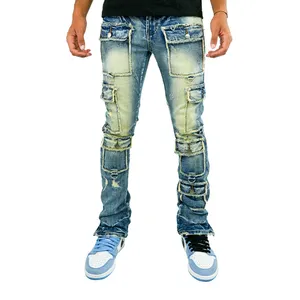 DiZNEW Streetwear Manufacturer Custom Logo Ripped Distressed Cargo Denim Pants Y2K Skinny Jeans