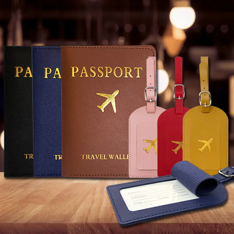 PU deri pasaport tutucu kapağı ve bagaj seyahat çanta etiketleri Set koruyucu seyahat belgeleri organizatör