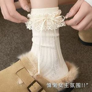 Calcetines de Encaje con Lazo y Nudo de Corazón para Mujer, Calcetines Holgados Transpirables de Poliéster, Estilo Lolita Otoñal, Blancos - Product Image 4