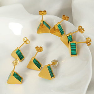 Green Striped Acrylic Triangle <b>Stud</b> Earrings Gold Plated <b>Titanium</b> Steel Geometric Pyramid Shape For Women - Product Image 4