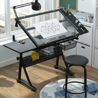 Bureau d'atelier réglable en hauteur avec éclairage pour dessin, conception graphique et informatique, en verre noir
