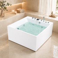 Baignoire carrée à encastrement mural avec bain à remous, robinet cascade et panneau de commande numérique 51x51 pouces