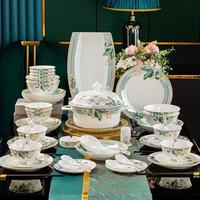 Service de Table en Porcelaine Fine Écologique Luxe – Vaisselle Feuille Verte pour Dîner à Domicile, Mariage, Banquet, Cadeau