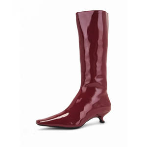 รองเท้าบูทส้นลูกแมวผู้หญิง, รองเท้าบูทหุ้มข้อยาวสีแดงรองเท้าส้นหนังสิทธิบัตร - Product Image 1