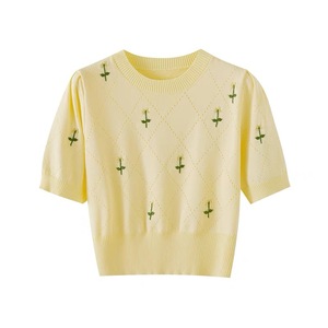 Top de Punto para Mujer, Manga Corta, Cuello Redondo, Bordado, Calado, Ajustado, Transpirable, Verano 2025 - Product Image 1