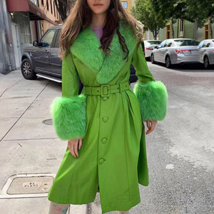 QIUCHEN-abrigo de cuero QC21123 para mujer, gabardina larga de lujo con piel de zorro grande - Product Image 1