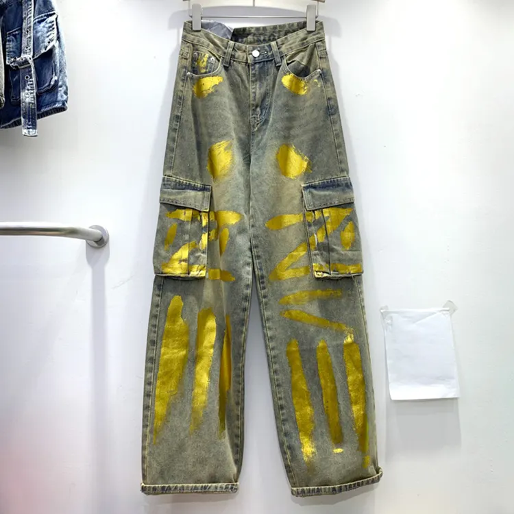 Vintage high waist wide straight leg metallic wax coated gold painted print cargo pockets baggy denim jeans long pants trousers