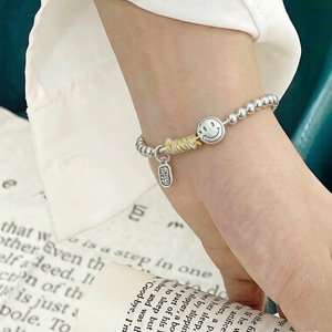 Bracelet en perles argentées avec visage souriant pour femmes, bijoux en corde élastique en argent pur, cadeau - Product Image 3