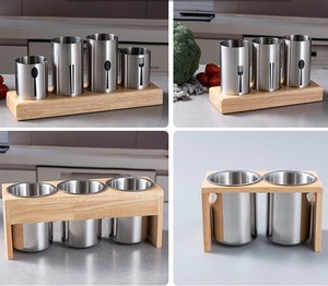Set di 3 Portaposate in Acciaio Inox con Vassoio in Legno, Organizzatore per Bacchette, Forchette e Cucchiai con Supporto per Ristoranti e Cucine - Product Image 3