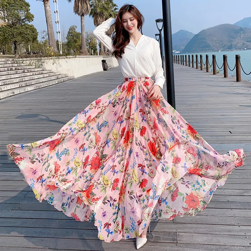 Fabriek Prijs Roze Bloemenprint Lange Geplooide Rok Boho Beach Party Maxi Rok Vrouwen Groothandel Bloem Plus Size Wrap Rokken