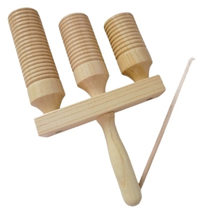 Agogo triple en bois naturel, tonalité haute-moyenne-basse, instrument musical en bois pour la maternelle et l'éducation précoce, vente en gros - Product Image 1