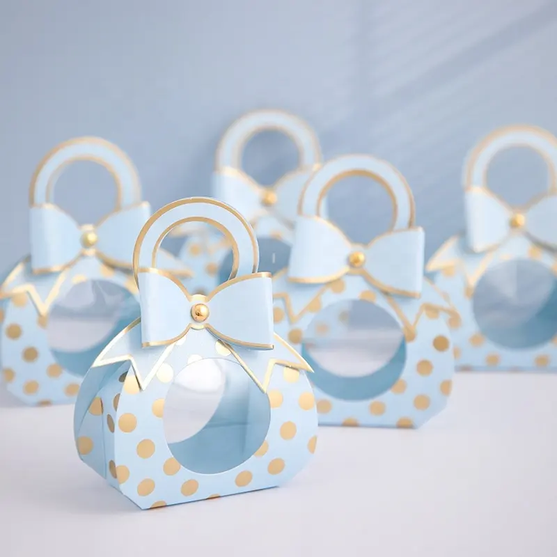 Tas Tangan Cokelat Biru Kecil Kreatif Mewah Baru Bercetak Moq Rendah Tas Hadiah Kotak Kertas Dapat Dilipat Permen dengan Jendela untuk Anak-anak