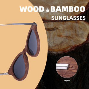 Lunettes de soleil en bois avec logo personnalisé, monture en bambou, style mode, verres miroir noirs, monture métallique, style à ressort, protection UV, verres colorés, légères, adaptées à tous les âges - Product Image 3