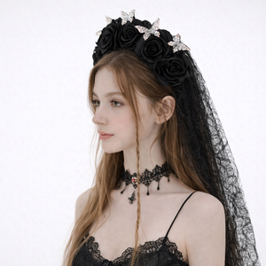 Women Gothic Princess <b>Black</b> <b>Rose</b> Rhinestone Butterfly Veil Headband for Girls Halloween Hair Accessories Dark Fairy Headpiece - Product Image 2