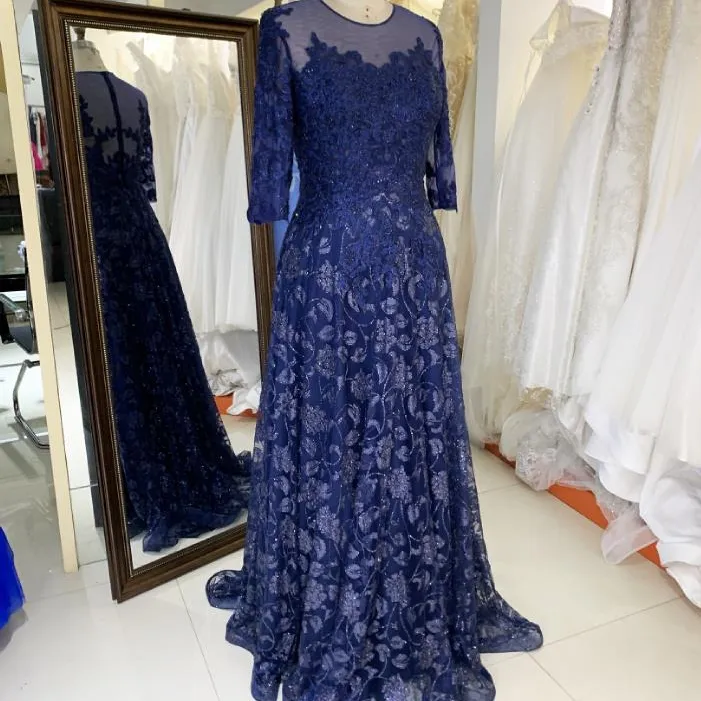 ネイビーブループラスサイズ刺Embroideryフルスリーブバックチュールスカート花嫁のイブニングドレスの母
