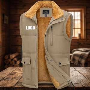 Chaleco de Forro Polar para Hombre, con Forro de Sherpa, Cierre Frontal con Cremallera, Informal, Grueso, Cálido, de Color Sólido, con Cuello Camisero - Product Image 1