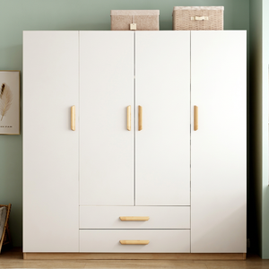 Modern <b>White</b> Wardrobe With Wooden Handles 2 <b>Drawers</b> Freestanding <b>Bedroom</b> Storage Cabinet Minimalist Design - Product Image 1