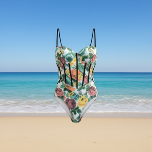 Costume da bagno intero HDJ con stampa floreale, controllo pancia, taglie forti da donna, scollo profondo, push-up, monokini, taglie 44 46 48 50 - Product Image 2