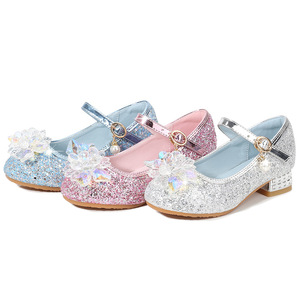 2026 New Fashion Princess Shoes for Girls Blue High Heels with Crystal Flowers for Big Kids Anti-Slip Children's Shoes - Product Image 5