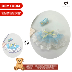 Teddy ISLAND Orsacchiotto di Peluche Rosa con Autorizzazione Globale, con Abito Lolita in Gingham Blu e Accessorio per Capelli con Fiocco - Product Image 2