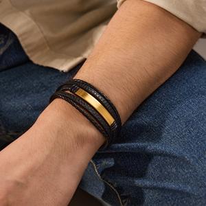 Bracelet en cuir pour homme, en acier inoxydable, inaltérable, bracelet en cordon de cuir en acier titane gravé DIY - Product Image 2