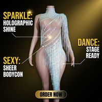 Robe à franges en strass AB blanc irisé, maille nude, asymétrique à une manche, avec pompons, pour danse latine, drag, gogo, scène
