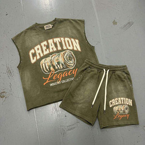 Custom Men's Vintage Acid Wash Tank Top Shorts Sets <strong>Oversized</strong> Vintage Streetwear Summer <strong>Jogger</strong> 2 Piece Wholesale Manufacturer - Product Image 1
