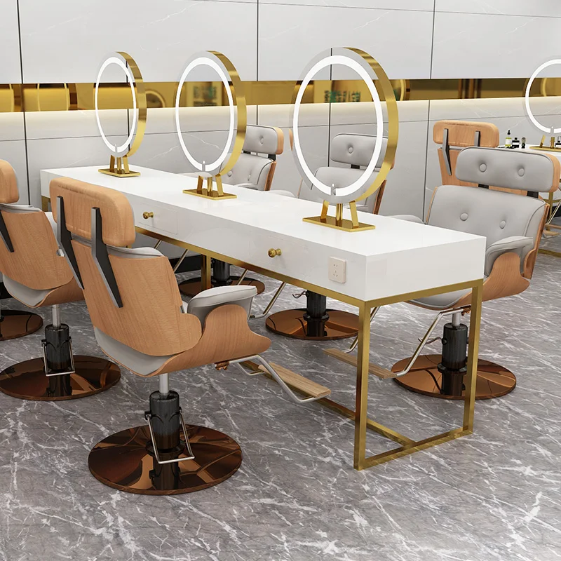 Great Foshan Factory Hair Salon Single/Double Sided Luxury Gold Frame Mirror Station For Barbershop