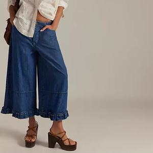 Jeans de Mezclilla Bloomer de Cintura Alta, Corte Recto, Transpirables, Bordados, con Estampado de Dibujos Animados, Lavado Claro - Product Image 1