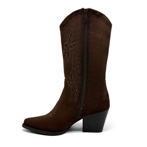 รองเท้าบูทคาวบอยสไตล์วินเทจปักลายหนังกลับสำหรับผู้หญิง ทรงวี ปลายแหลม ส้นหนาเรียว - Product Image 2