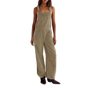 Combinaison pantalon cargo décontractée ample en velours côtelé marron rétro avec bretelles en coton pour femme - Product Image 4