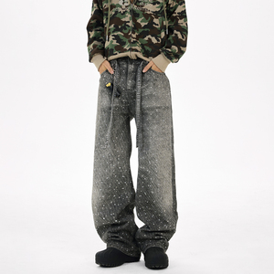 Pantalones Vaqueros de Hombre Personalizados con Puntos Brillantes, Pantalones Vaqueros Anchos Desgastados en Negro y Gris, Ropa de Calle Elegante e Informal - Product Image 2