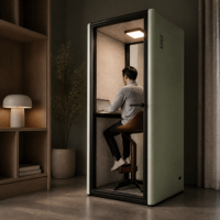 Cabine acoustique insonorisée moderne pour une personne avec porte en verre trempé et éclairage intégré pour bureau, télétravail et bibliothèque
