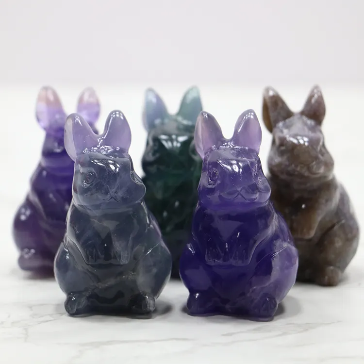 Natural fluorite three-dimensional plane rabbit carving piece carved crystal jewelry gift