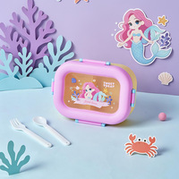 Boîte à bento pour enfants en PP avec ensemble de couverts, couvercle à fermeture à pression, fenêtre transparente, boîte à lunch portable pour l'école, boîte à lunch pour enfants avec dessins animés