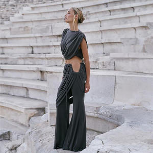 T-shirt Design irrégulier couleur unie deux pièces pantalon évasé ensemble automne vêtements pour femmes élégant 2 pièces ensemble pour les femmes - Product Image 6