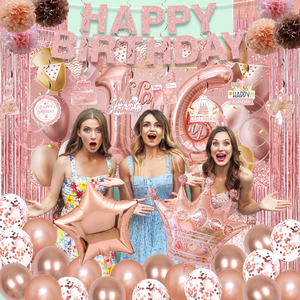 Decoración de Fiesta de Cumpleaños en Oro Rosa con Cortinas con Flecos y Globos, Ideal para una Fiesta de Princesa para Niñas - Product Image 2
