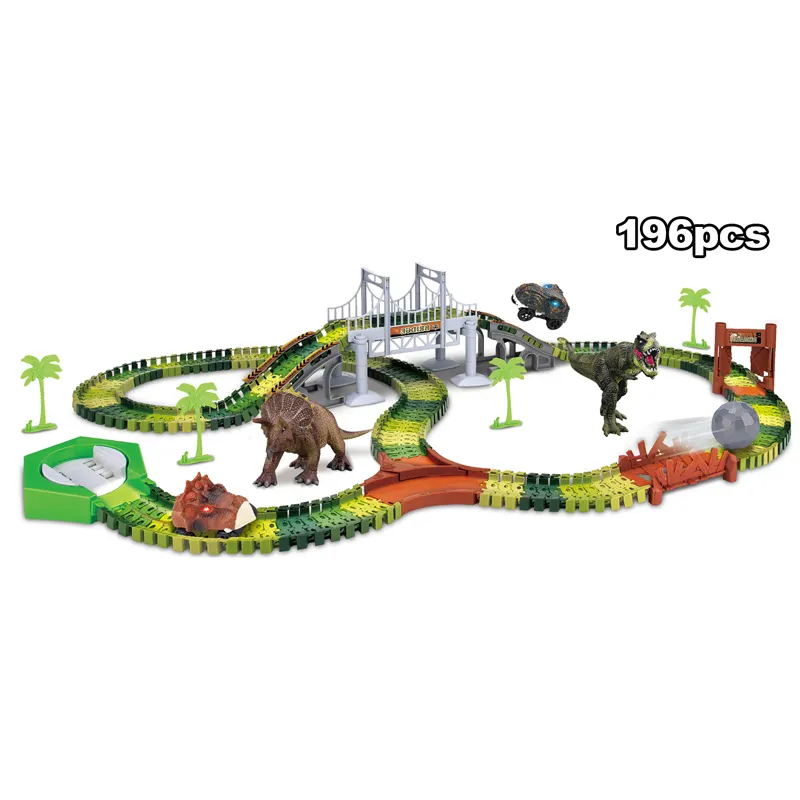 Good quality dinosaur railway remote control toys car racing race toy train set slot track for kids