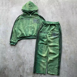 Personnalisé Vintage Sun Fade Zip up Sweats Acid Wash Double Couche À Capuche Deux Pièces Ensemble Détresse Jogging Costume Stripe Survêtement - Product Image 1