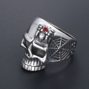 Skull <b>Ring</b> Men's <b>Titanium</b> Steel Geometric Design Red Gemstone Inlay Gift Jewelry SA875 - Product Image 2