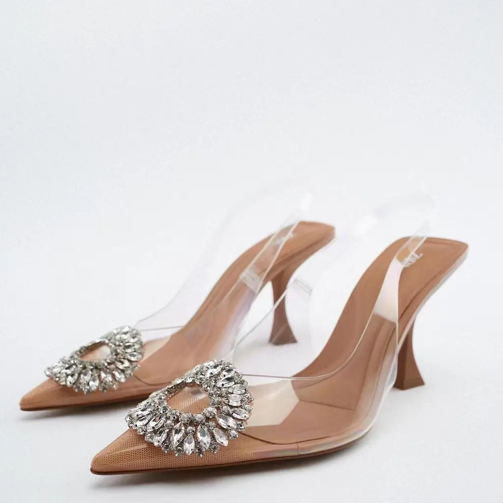 Estate nuovo design di scarpe col tacco alto da donna tacco alto a punta trasparente PVC diamante fibbia decorazione abito da sposa per feste s