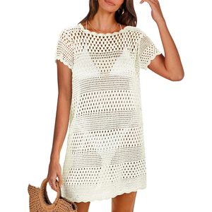 Swimsuit Cover Up For Women Crochet Knit Mesh Beach Dress Square Neck Loose Mini Summer Vacation Clothes Breathable - Product Image 1