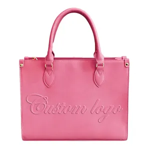Custom Embossed Logo Medium Size Leather Tote Bags Women Handbags Ladies Purses Custom Bags