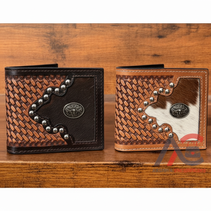 Portefeuille à deux volets pour homme Cowboy sculpté à fleurs et fait à la main, porte-cartes de crédit en cuir de vache Western décontracté de luxe - Product Image 1