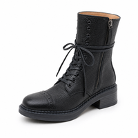Bottes de combat en cuir véritable pour femmes, avec détails brogues, lacets, fermeture éclair latérale, talon bloc, style rétro, mi-mollet, chaussures automne/hiver