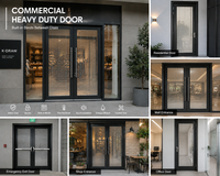 Porte d'entrée de sécurité en acier robuste de qualité commerciale à double battant avec panneau en verre pour hôtel, bureau, restaurant