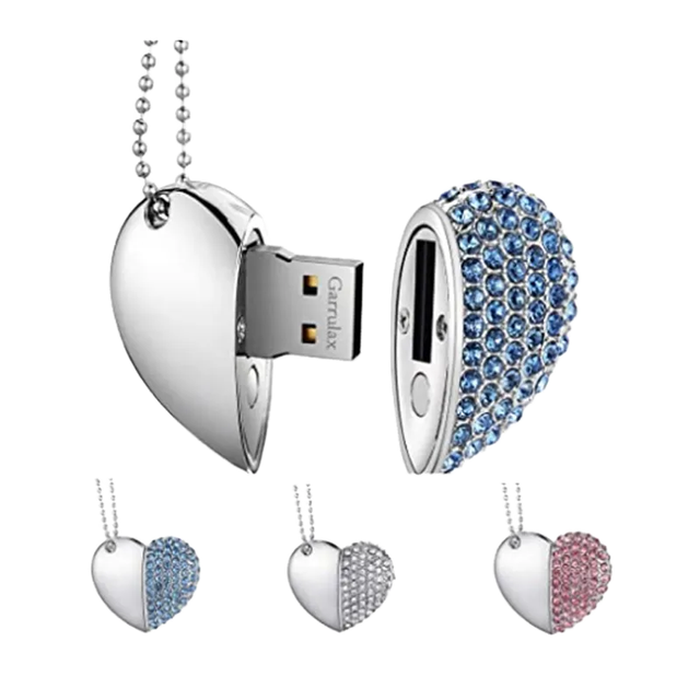 USB 2.0 Interface Necklace Heart Shape Beautiful Custom Diamond USB Flash Drive with Multiple Capacities