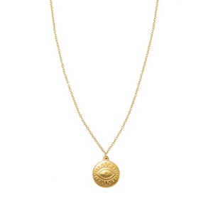 Collar al por mayor de acero inoxidable con moneda grabada, cristal y sol, chapado en oro PVD, con colgante redondo de ojo turco - Product Image 2