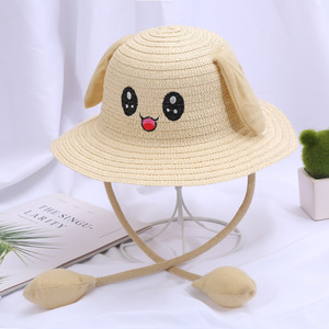 Cappello di coniglio carino per bambini cappello di paglia dell'orecchio mobile con tesa ondulata o piatta realizzata in carta naturale d'erba per attività all'aperto - Product Image 3