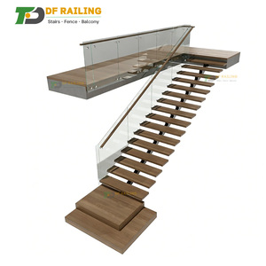 DF LED <strong>Light</strong> Modern Indoor <strong>Oak</strong> Wooden Straight Floating Stairs Customized Metal Staircase - Product Image 1
